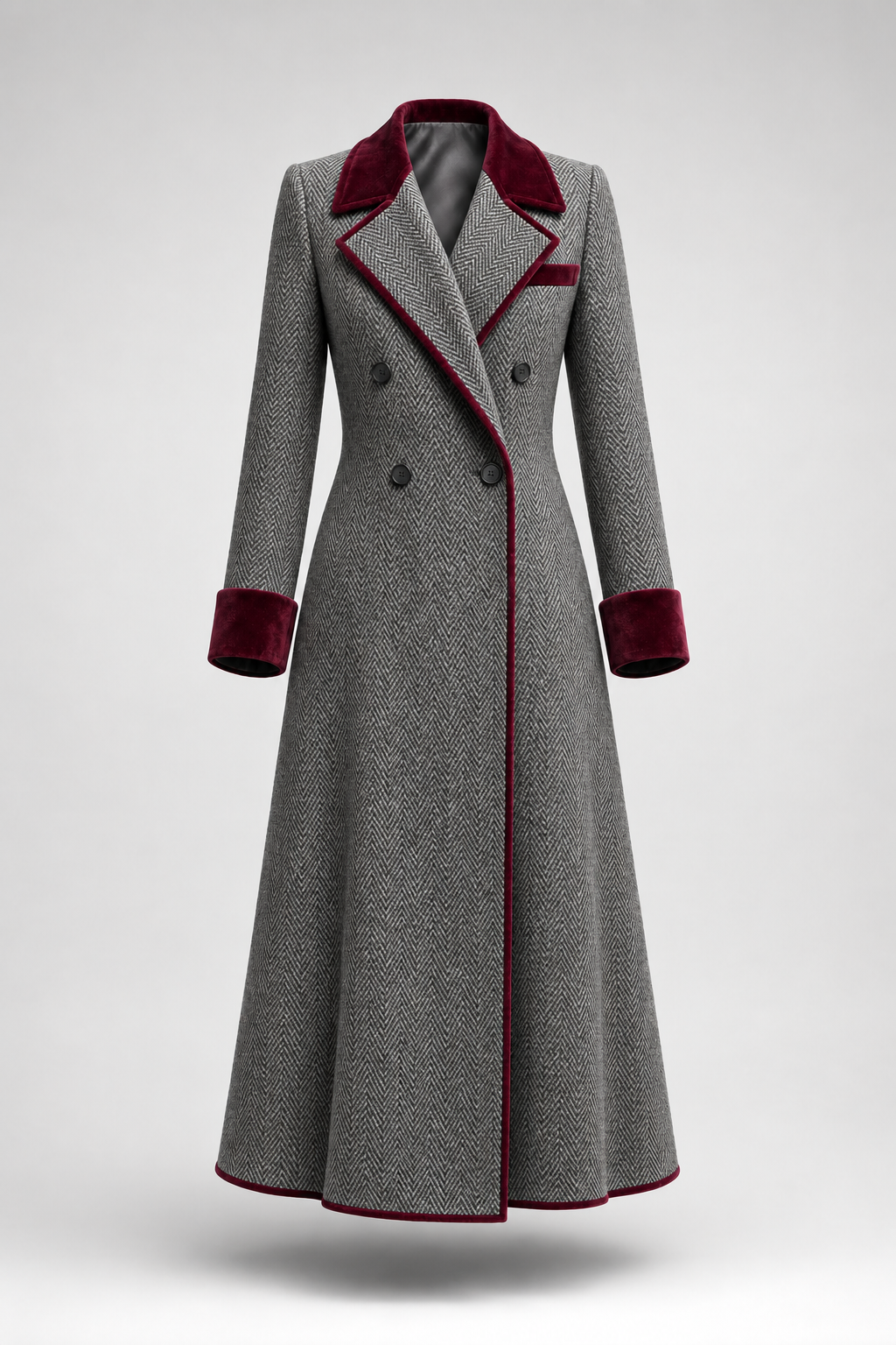 Elegant Herringbone Wool Long Coat with Velvet Trim