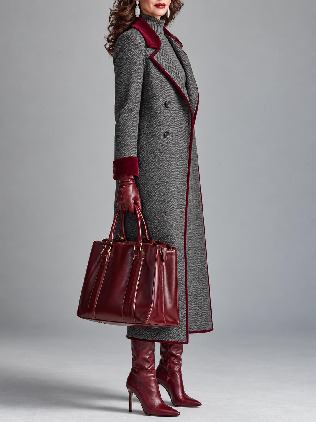 Elegant Herringbone Wool Long Coat with Velvet Trim