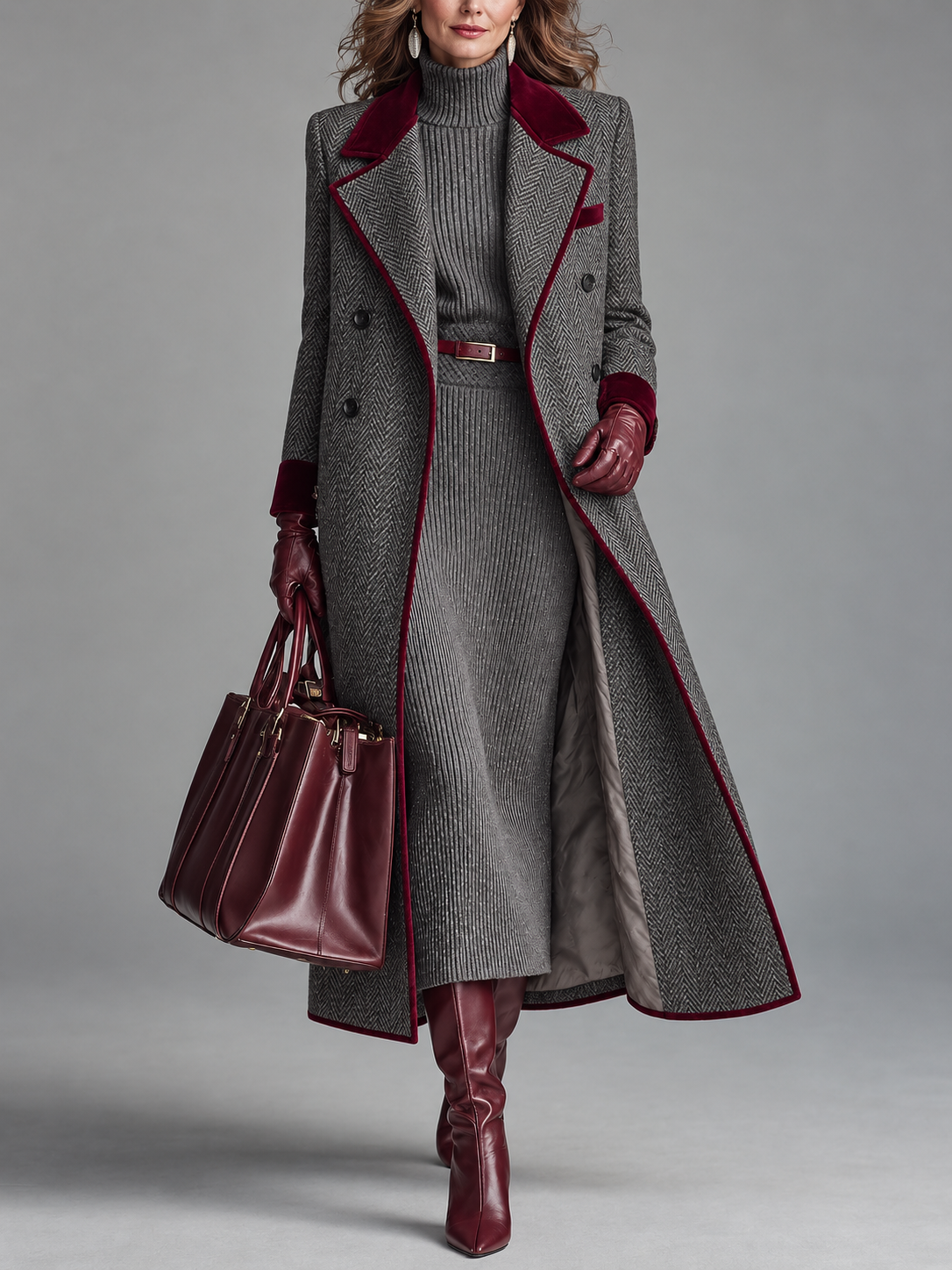 Elegant Herringbone Wool Long Coat with Velvet Trim