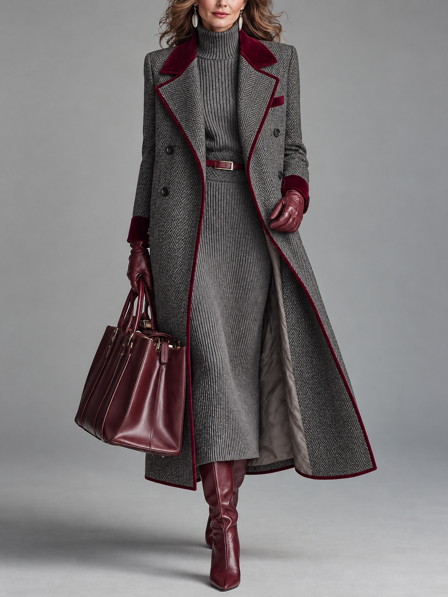 Elegant Herringbone Wool Long Coat with Velvet Trim